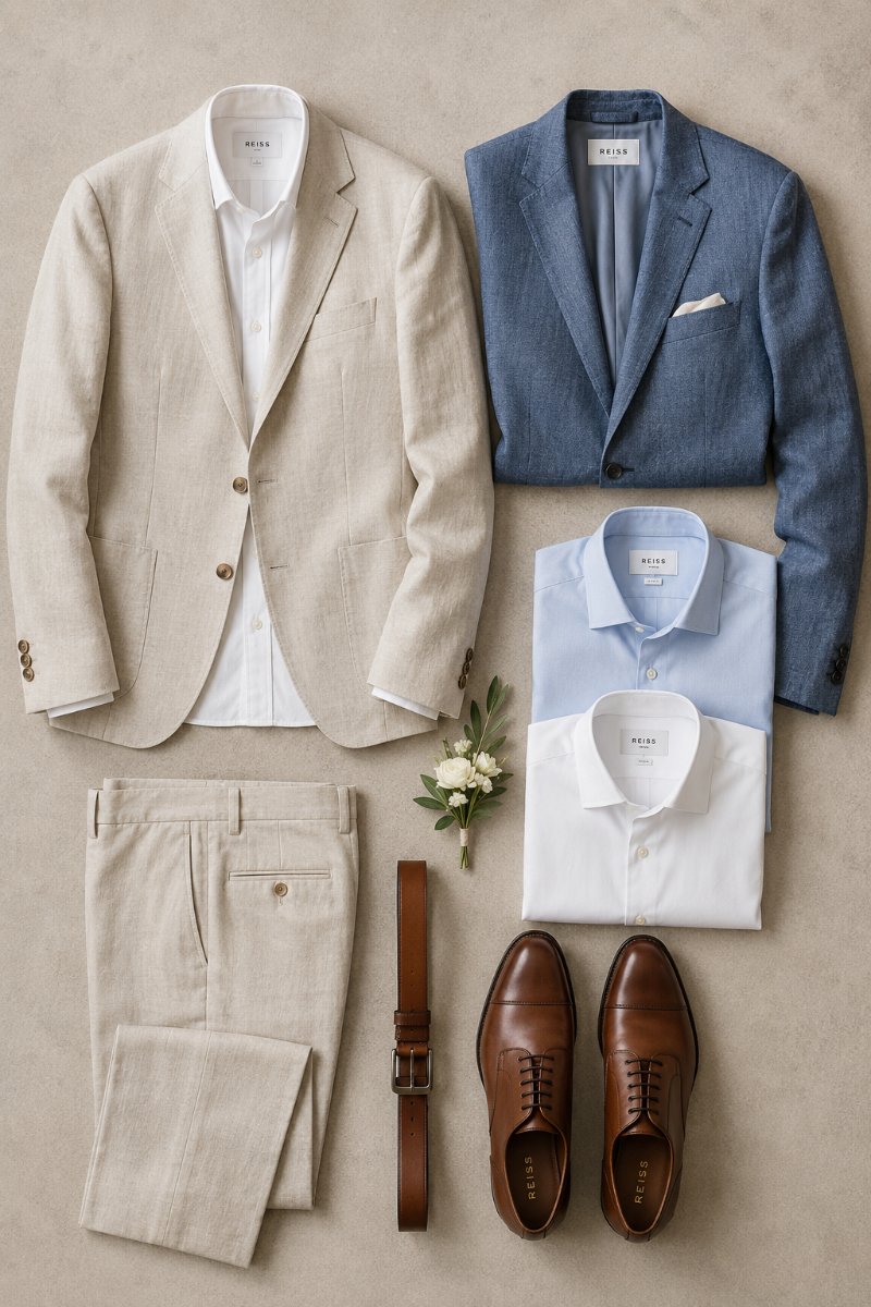 Flat lay of a mens summer wedding capsule wardrobe