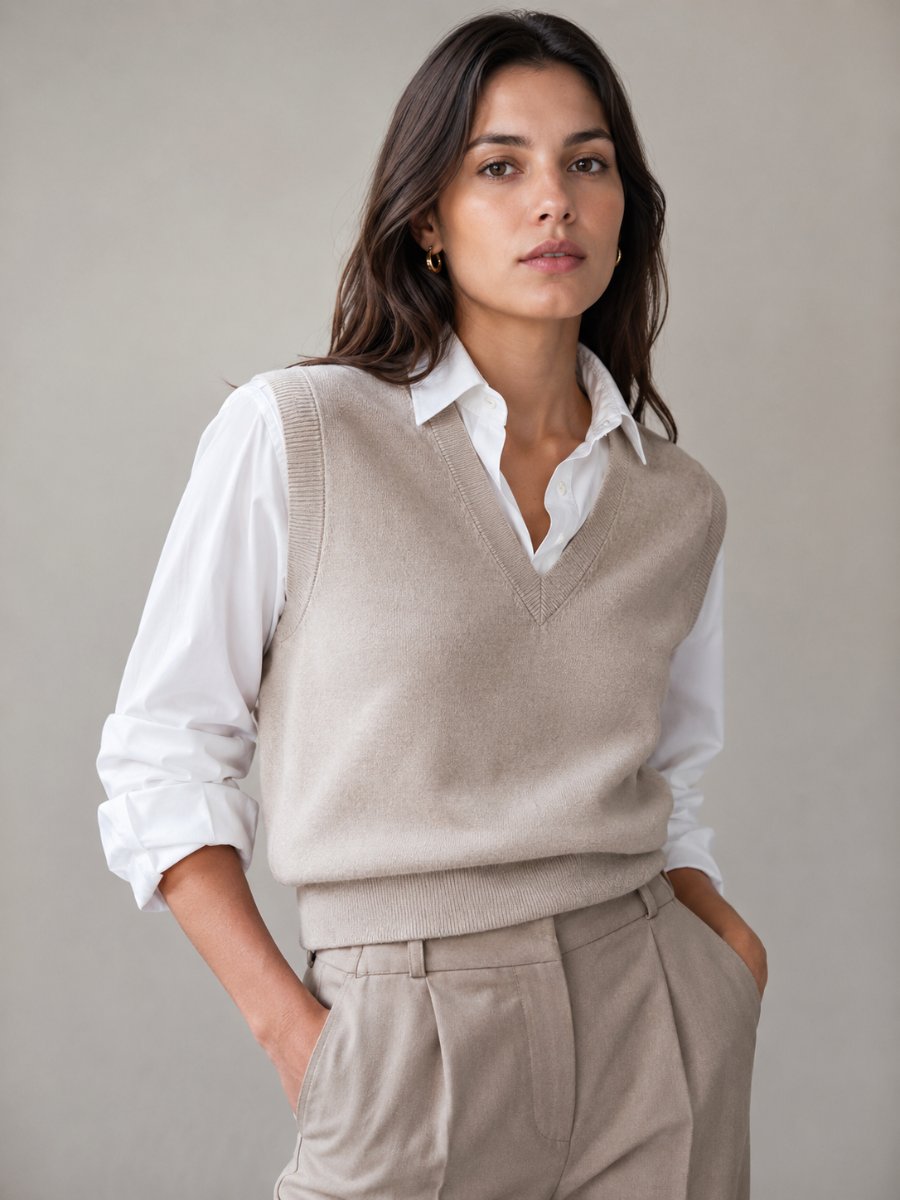 Woman wearing elevated fine-gauge knitwear
