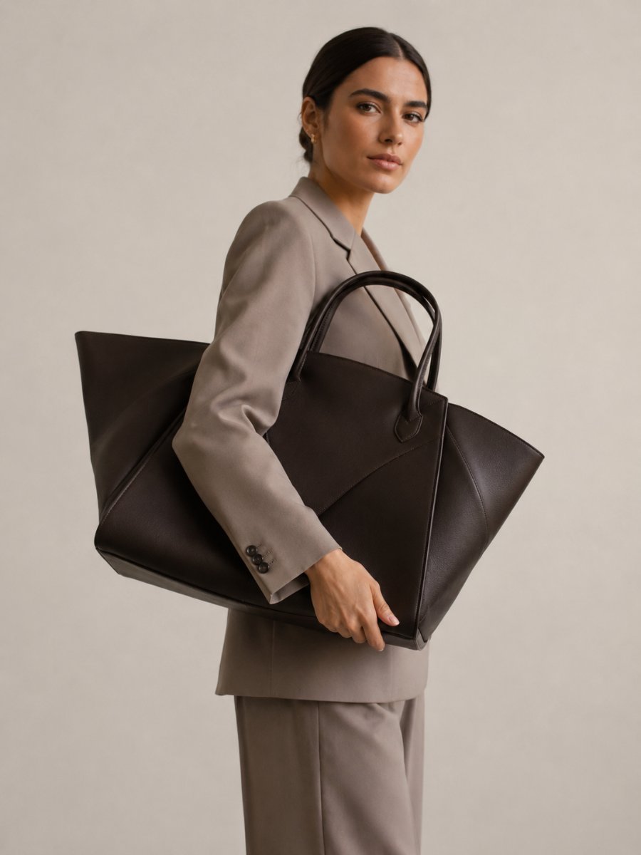 Woman holding an oversized structured statement bag