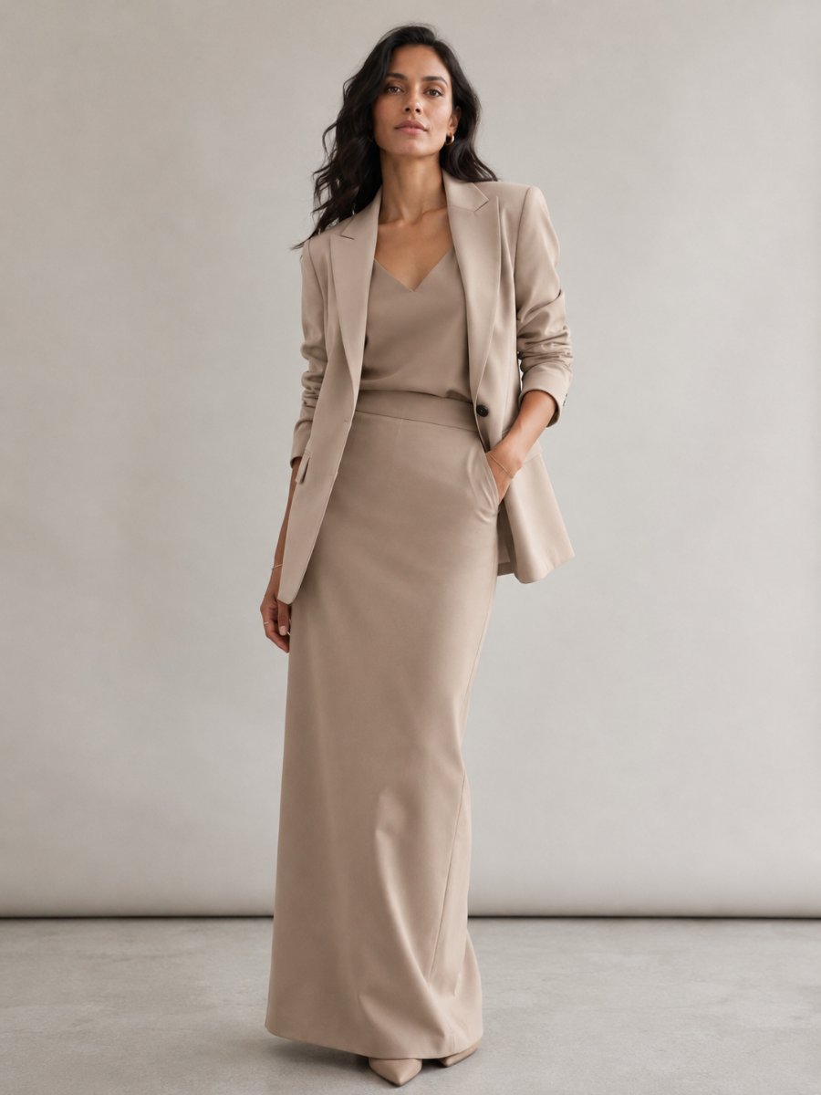 Woman in a head-to-toe tonal column outfit in camel