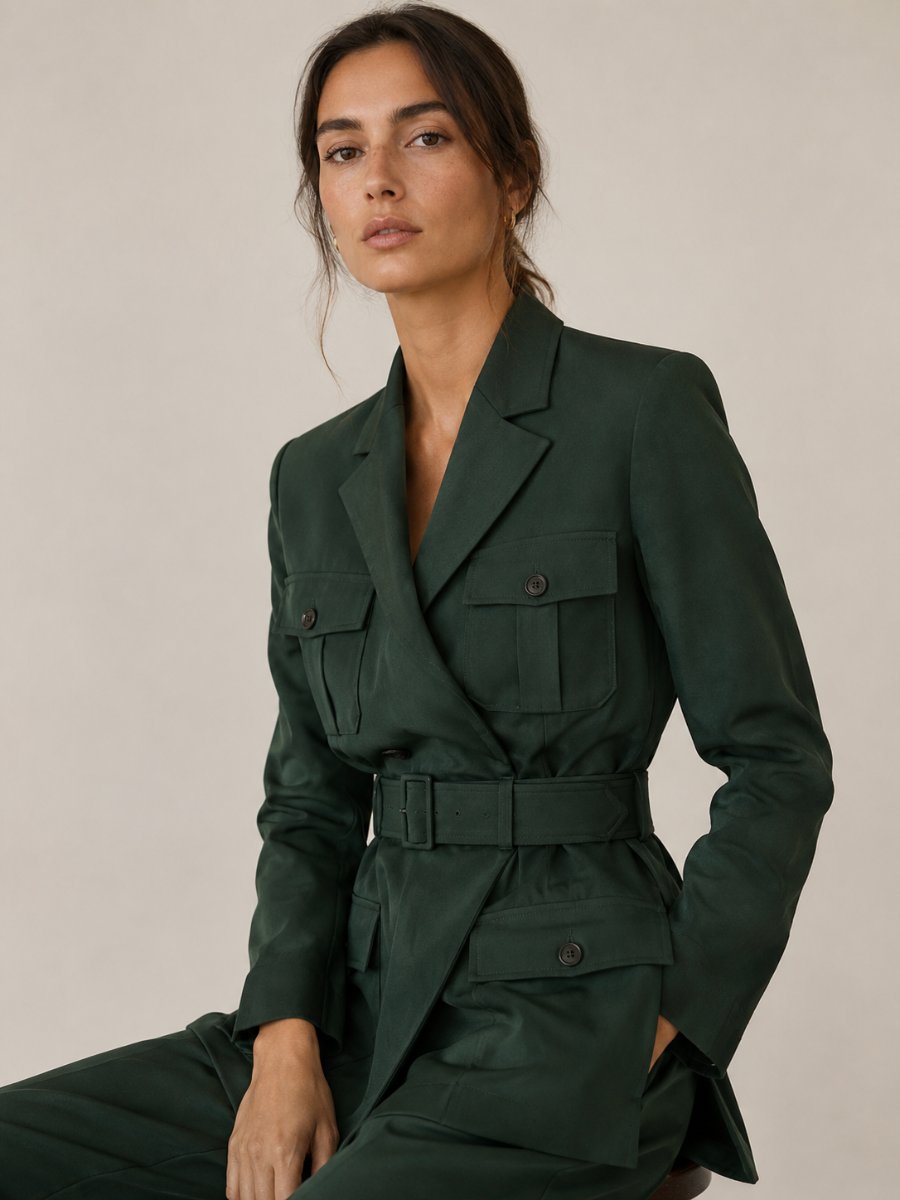 Woman in a utility-influenced tailored piece in deep green