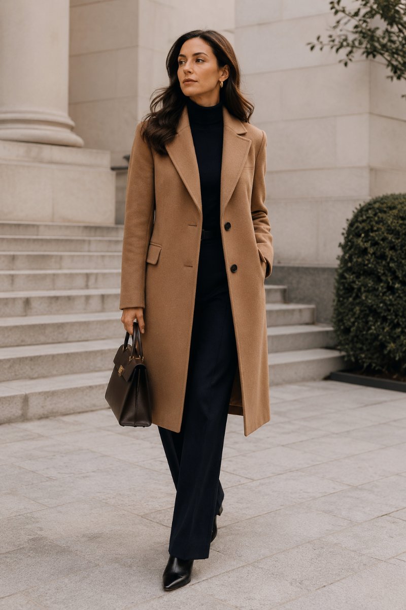 Woman in a classic knee-length camel wool coat