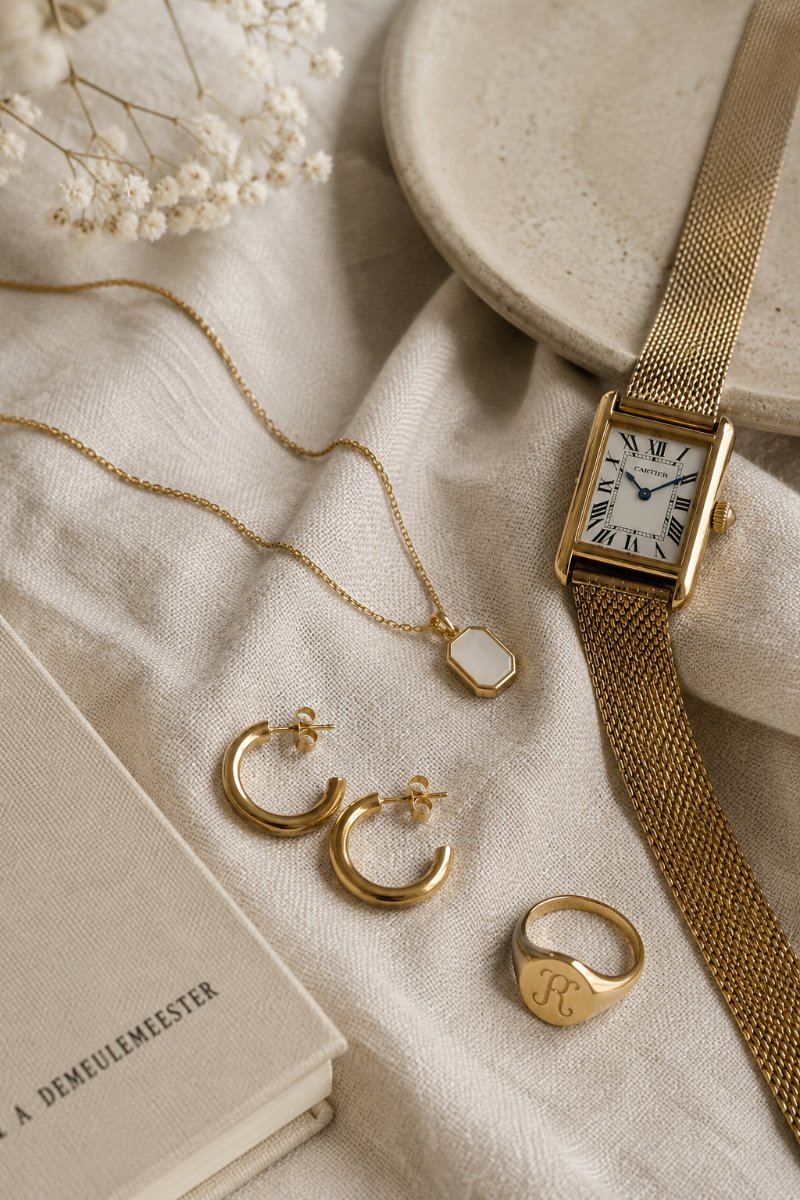 Flat lay of delicate gold jewellery and a classic watch