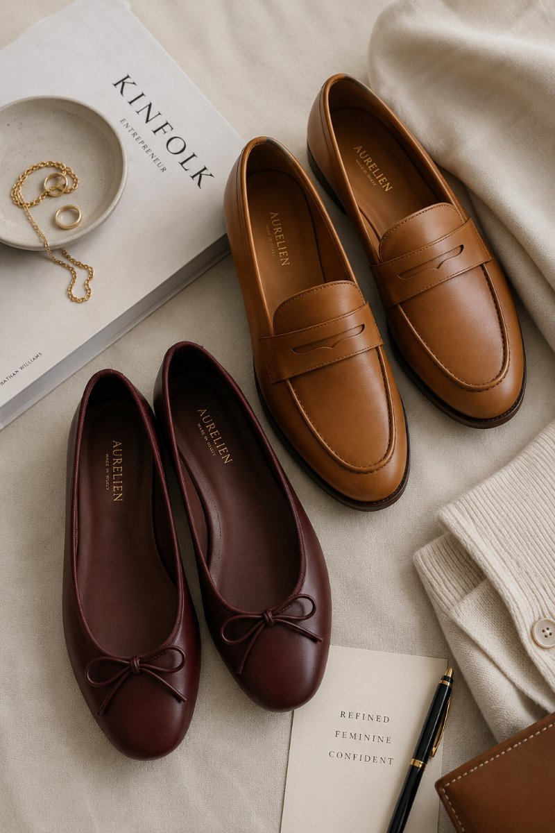 Flat lay of classic leather loafers and ballet flats