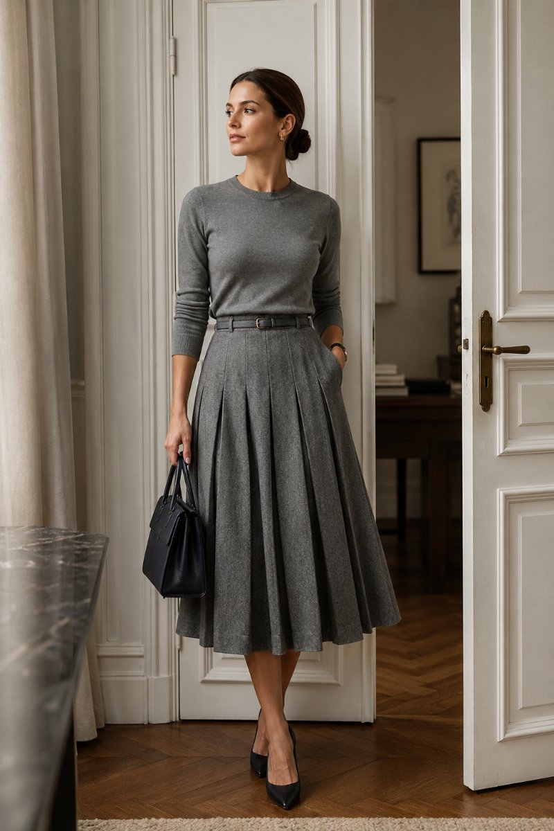 Woman in a pleated wool grey midi skirt