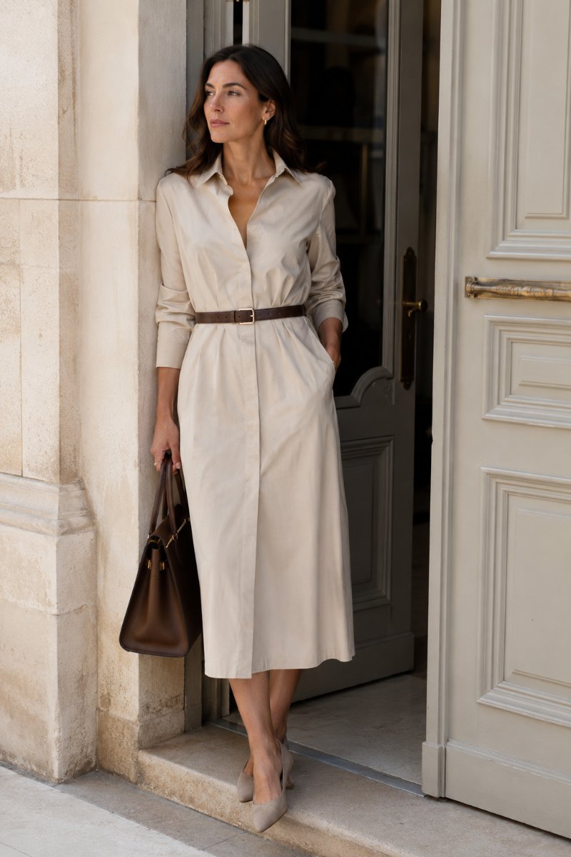 Woman in a neutral belted cotton shirt dress