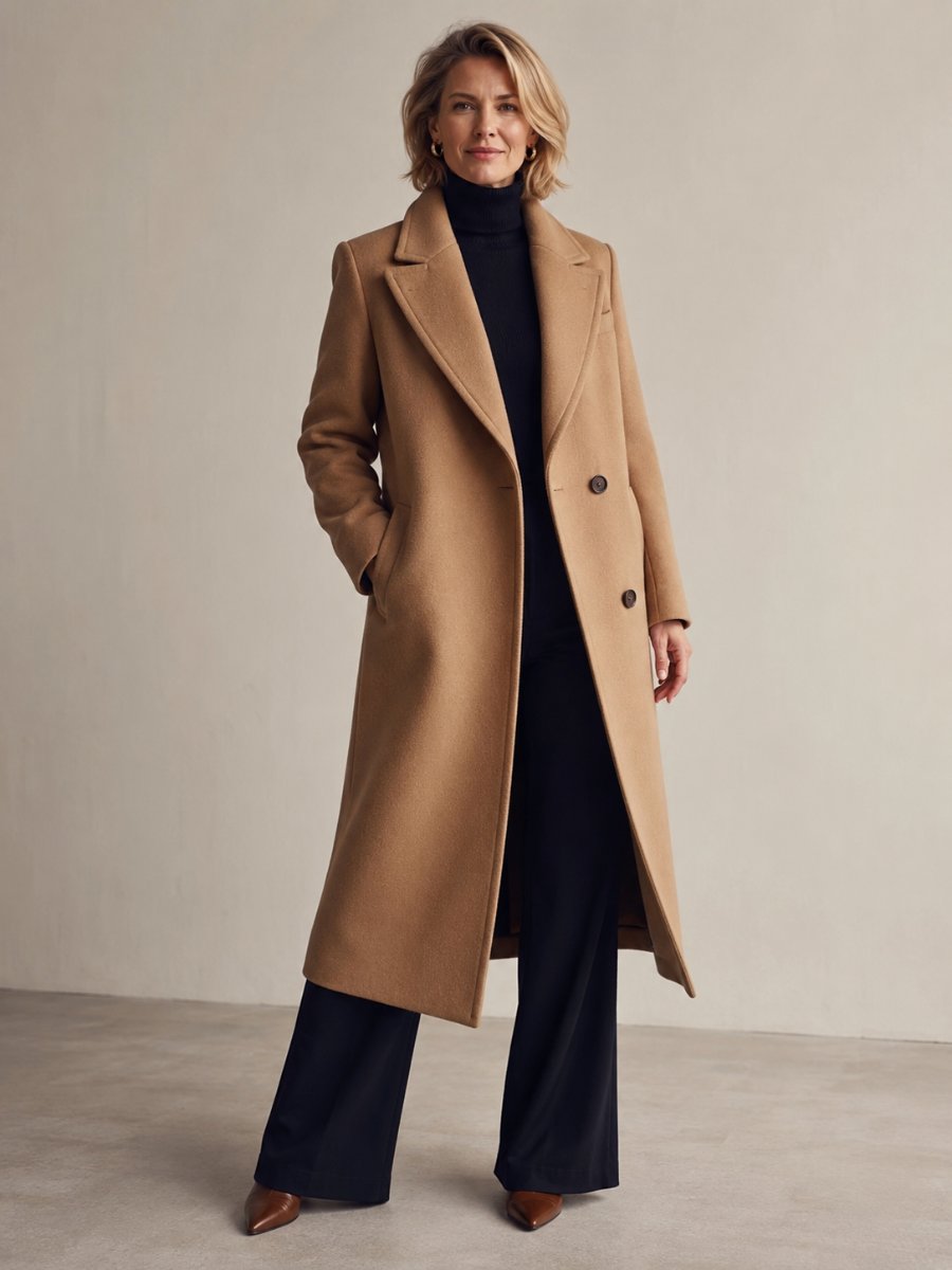 Woman over 40 in a tailored camel wool coat