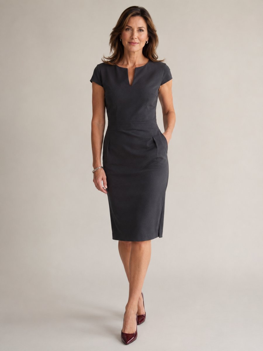 Woman over 40 in a knee-length sheath dress