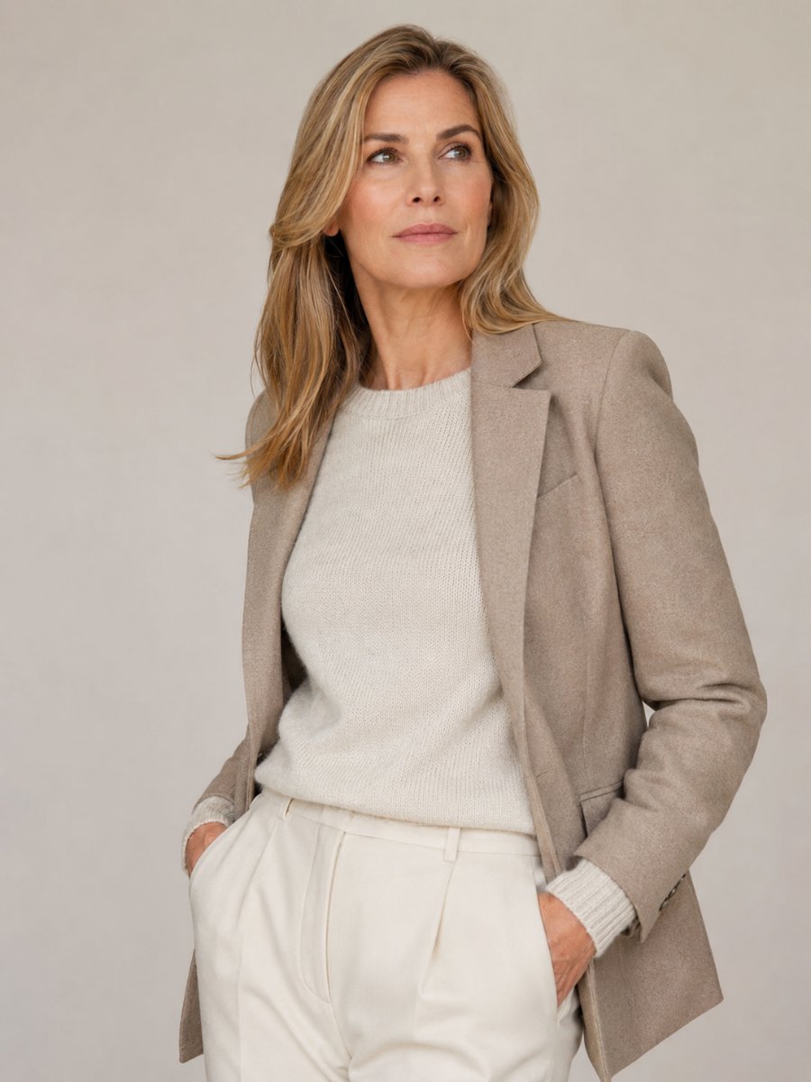 Woman over 40 in fine-gauge knitwear under a jacket
