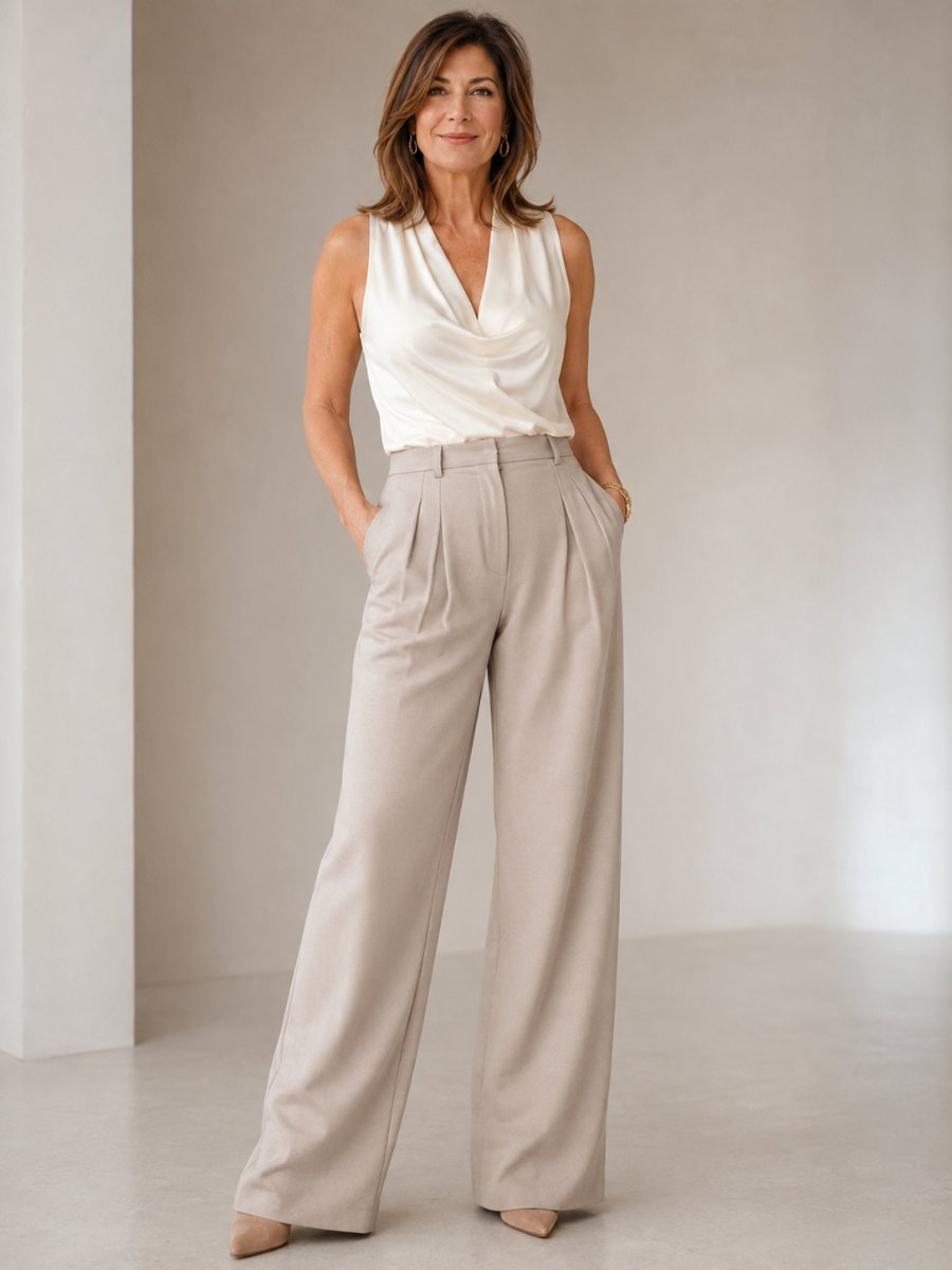 Woman over 40 in wide-leg trousers with a fitted top