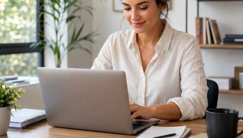 small business owner working laptop home office