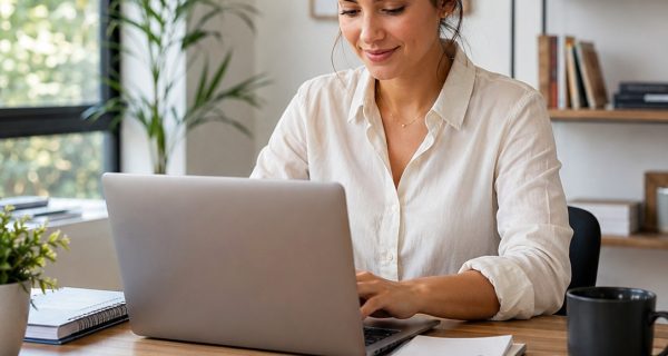 small business owner working laptop home office