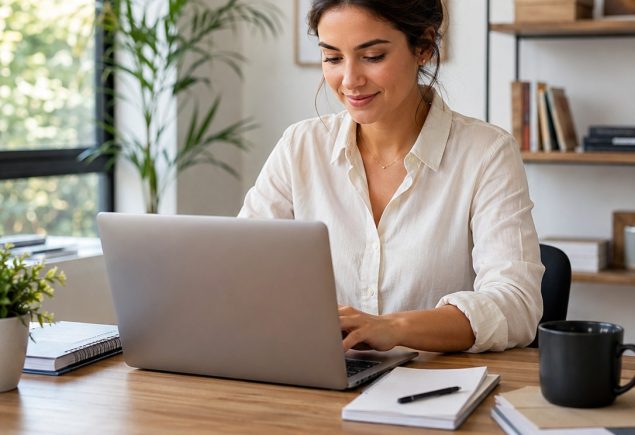 small business owner working laptop home office