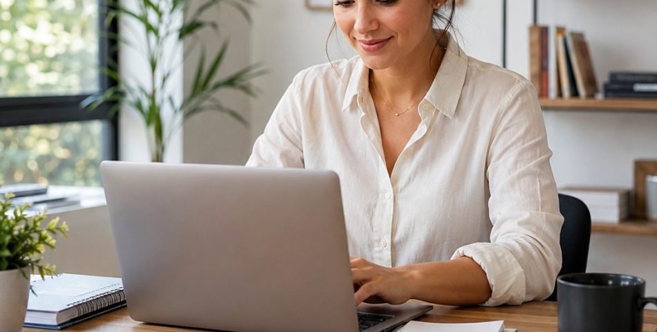 small business owner working laptop home office