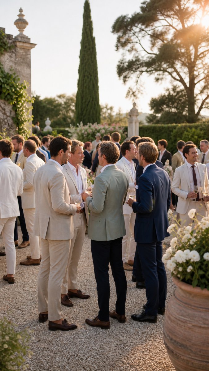 Well-dressed male guests at an elegant outdoor summer wedding