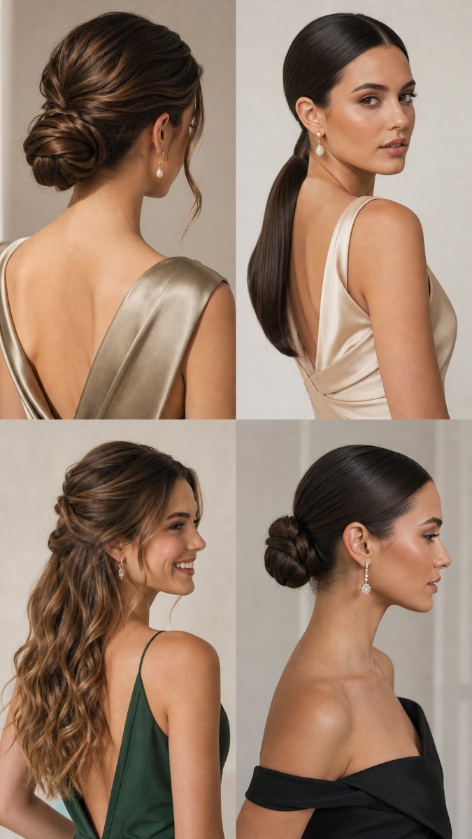 Woman with an elegant low chignon bun at the nape, wedding guest style