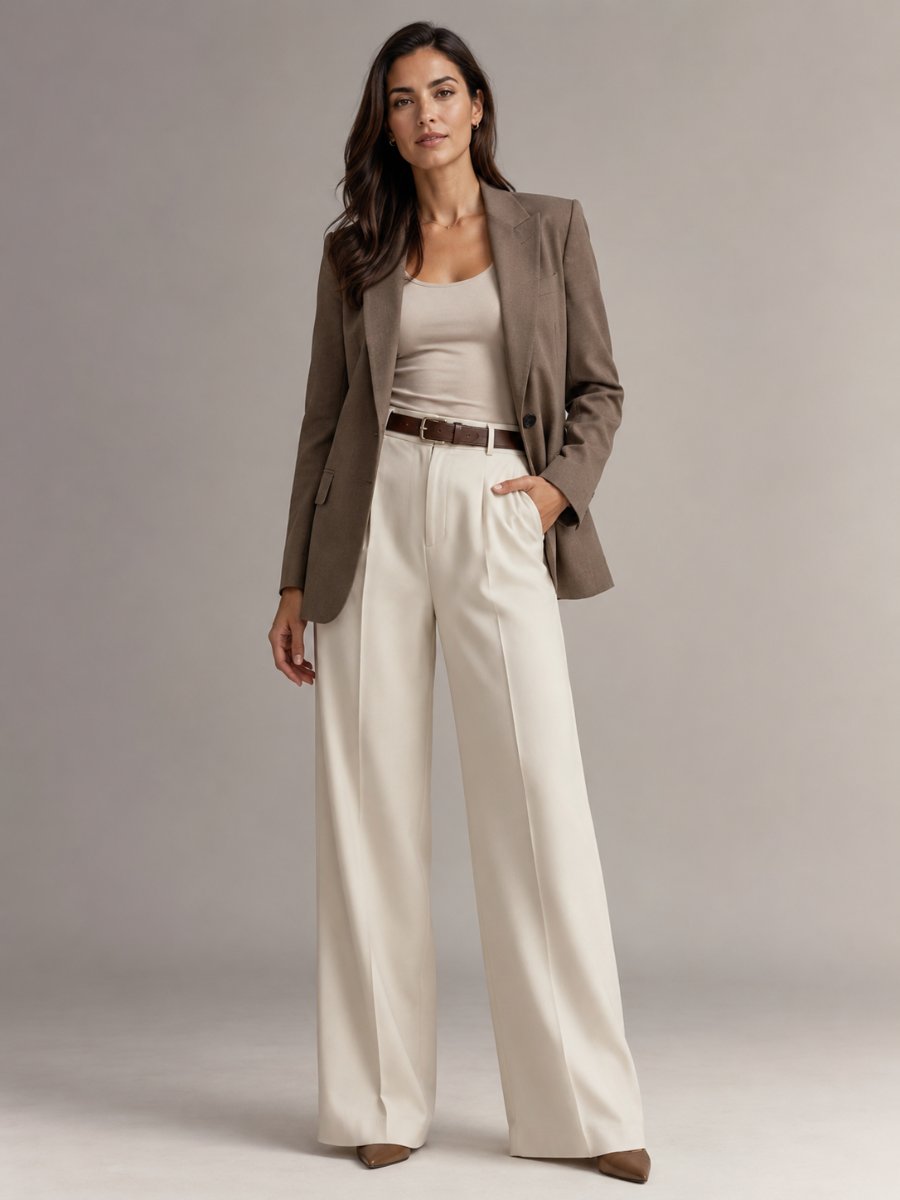 Woman in a blazer over a fitted top with wide-leg trousers
