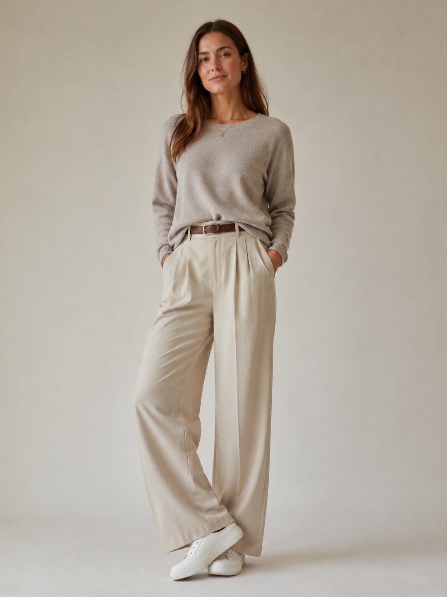 Woman in wide-leg trousers with a relaxed knit and sneakers