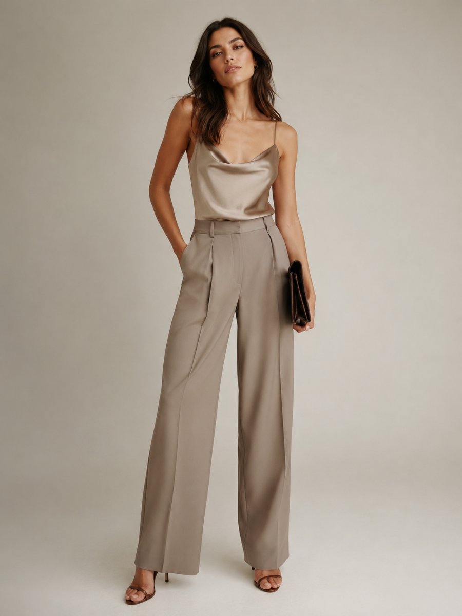 Woman in wide-leg trousers with a camisole and heels for evening