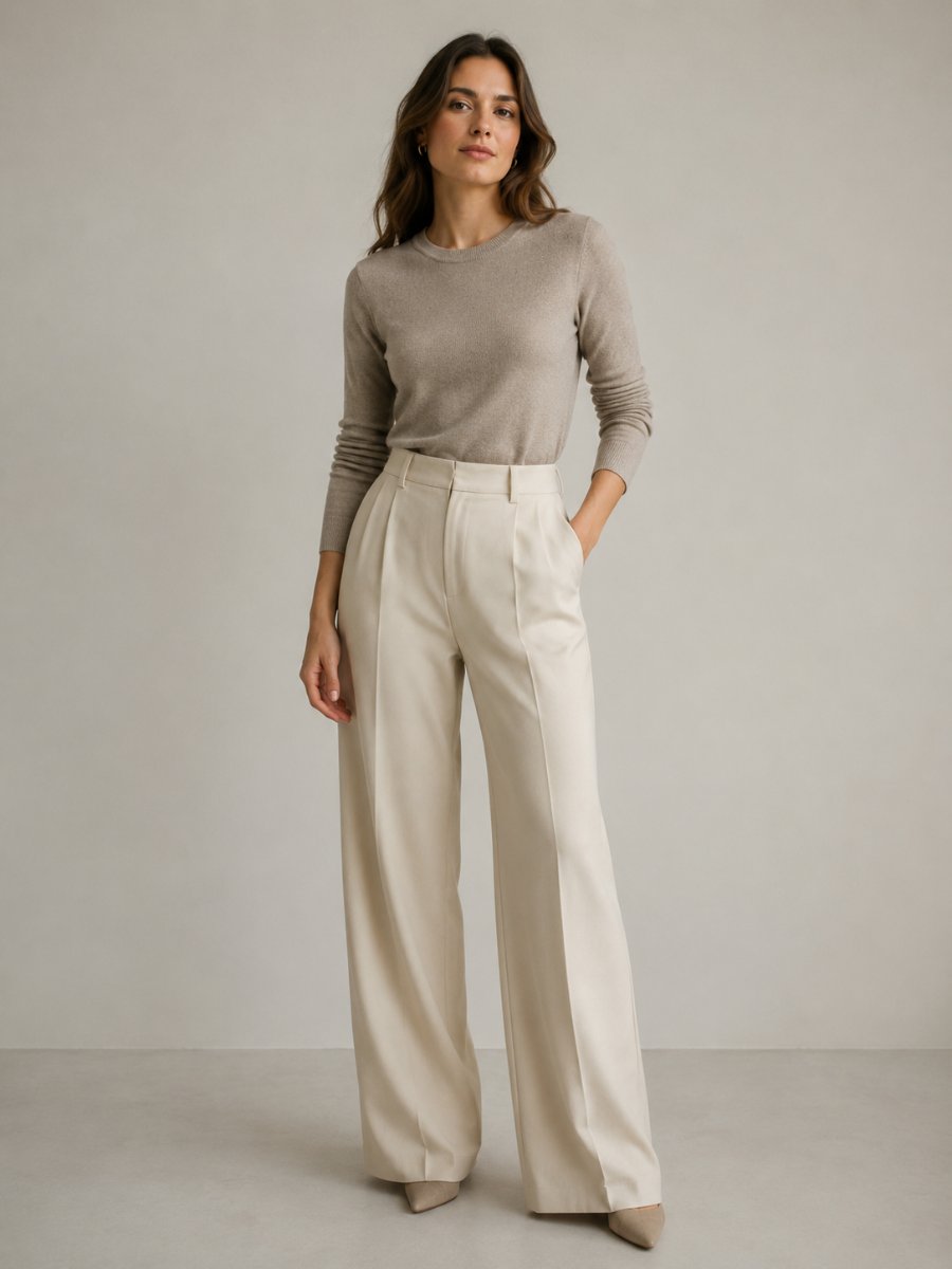 Woman in a fine knit tucked into wide-leg trousers