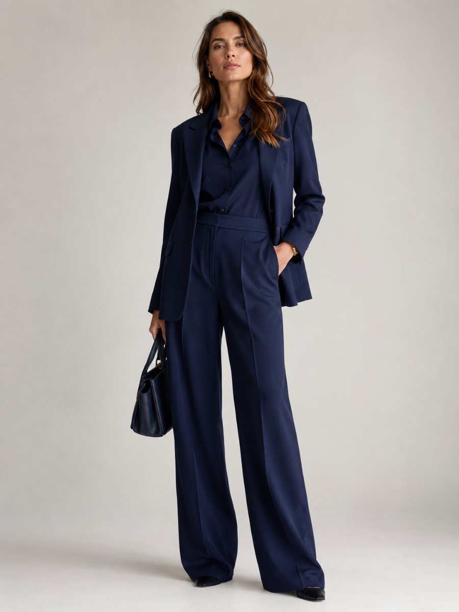 Woman in a head-to-toe monochrome wide-leg trouser outfit