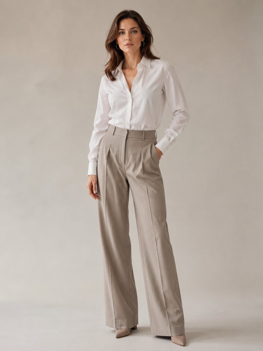 Woman in a crisp tucked shirt with wide-leg trousers
