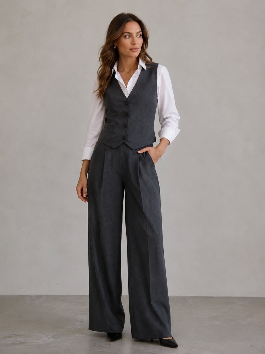 Woman in a tailored waistcoat with matching wide-leg trousers