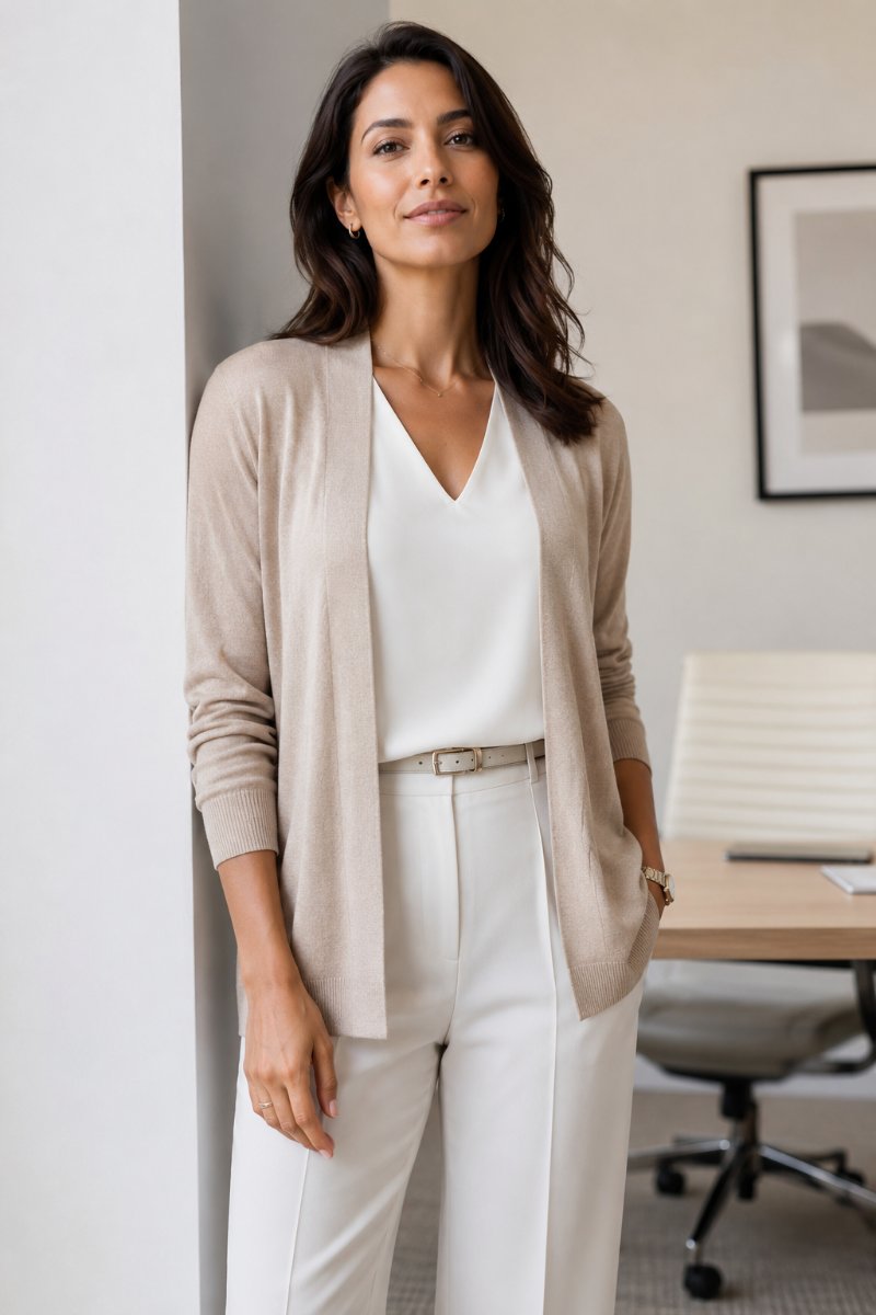 Businesswoman wearing a fine-gauge cardigan over a work outfit