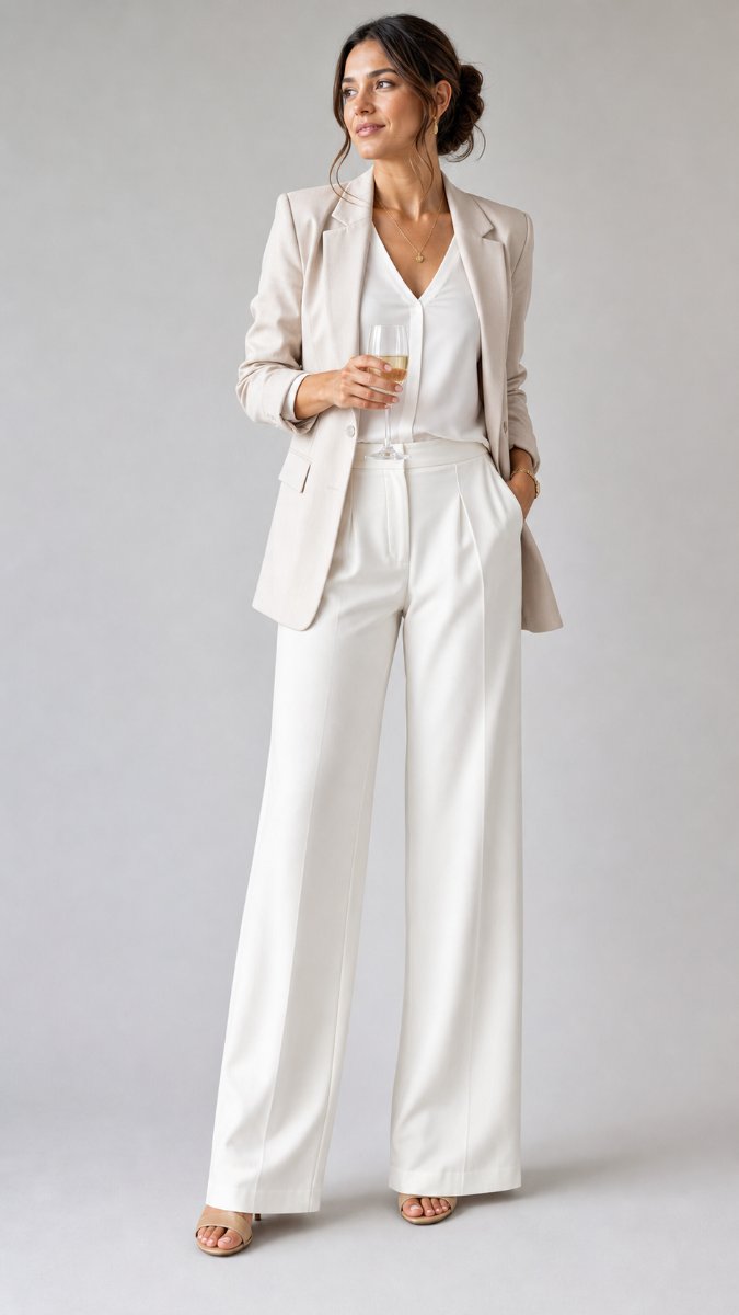 Businesswoman in a tailored sheath dress with a lightweight cardigan