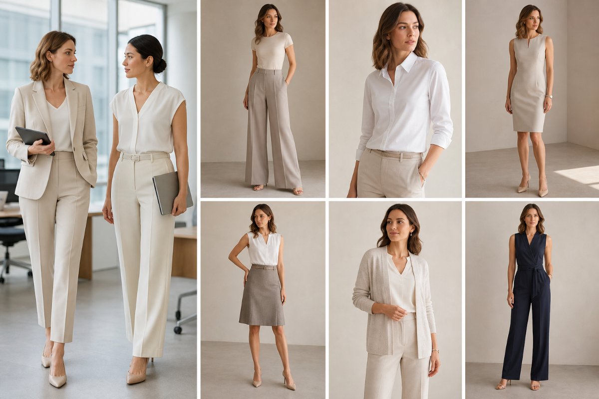 Professional women in lightweight summer workwear in a modern office
