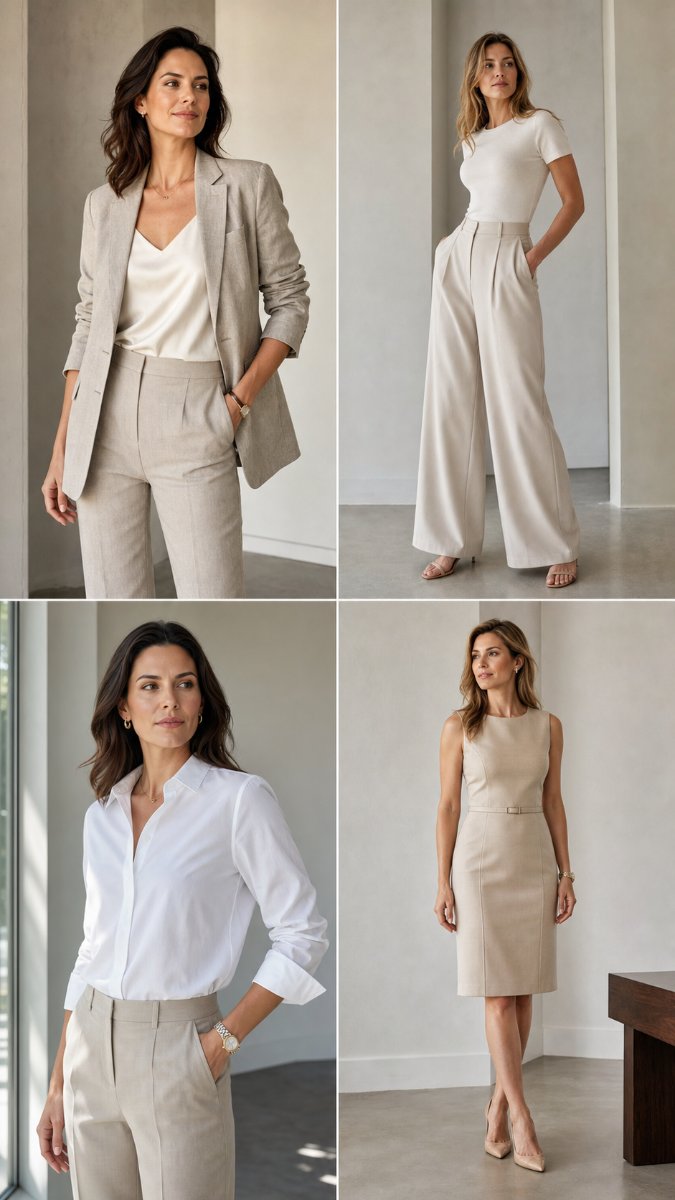 Businesswoman in an unlined stone linen blazer over a silk shell
