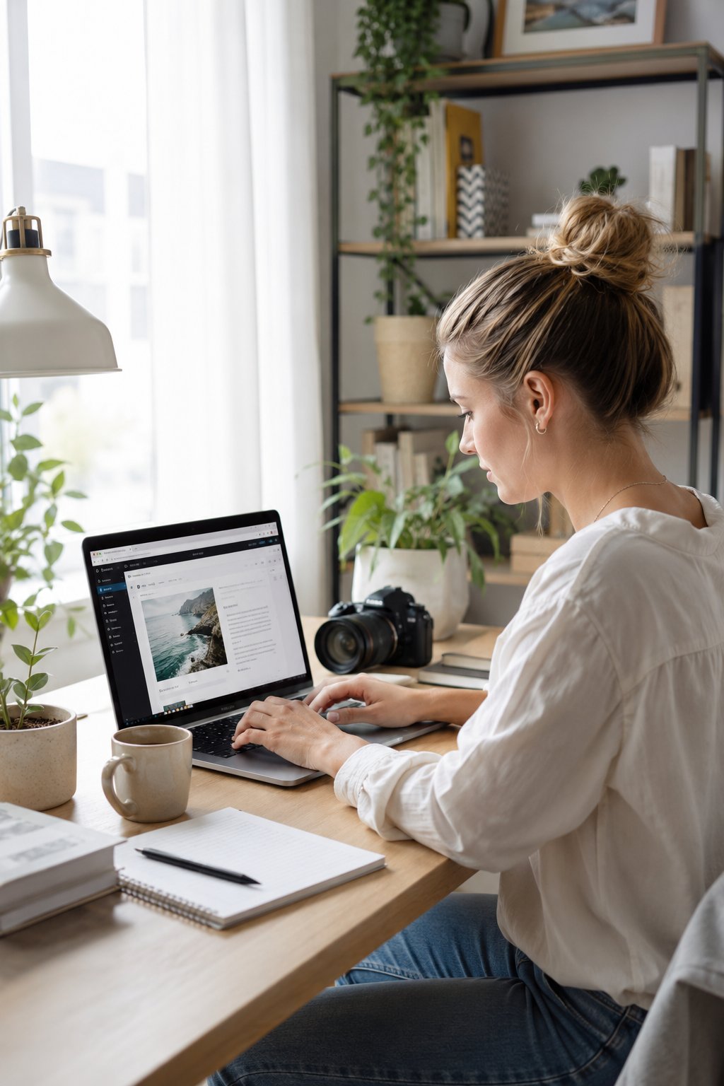 Woman working on a laptop at a bright home desk creating content