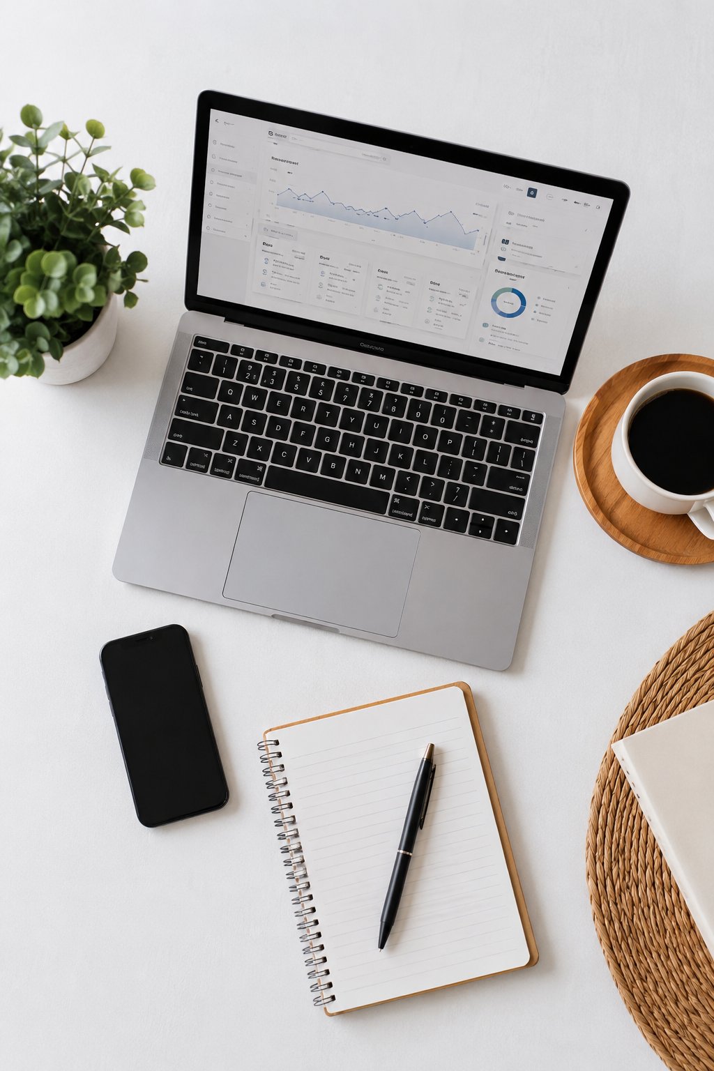 Flat-lay of a content creator desk with a laptop showing analytics, phone and coffee