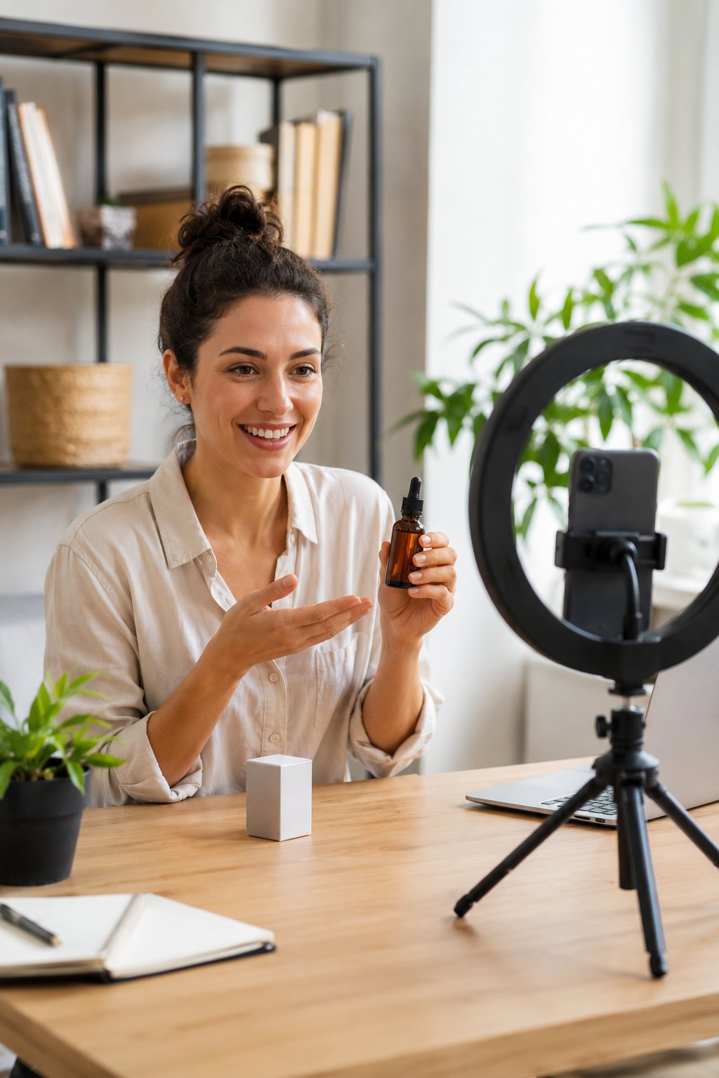 Woman filming a product review at a tidy desk with a phone on a small tripod and ring light