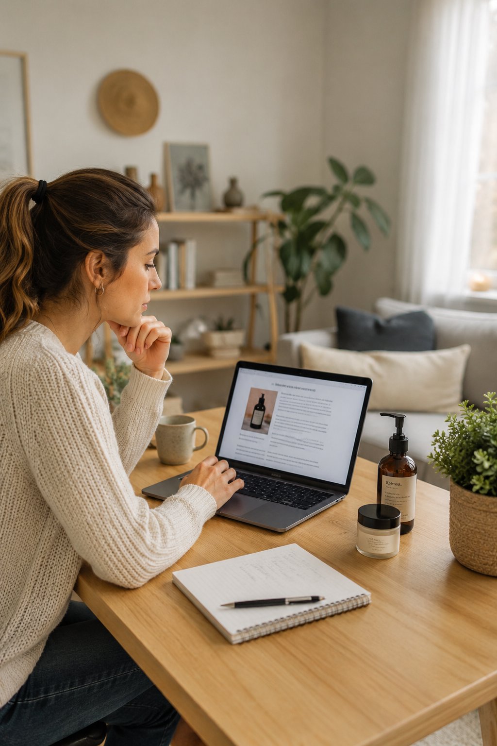 Woman writing a review blog post on a laptop with a product beside her