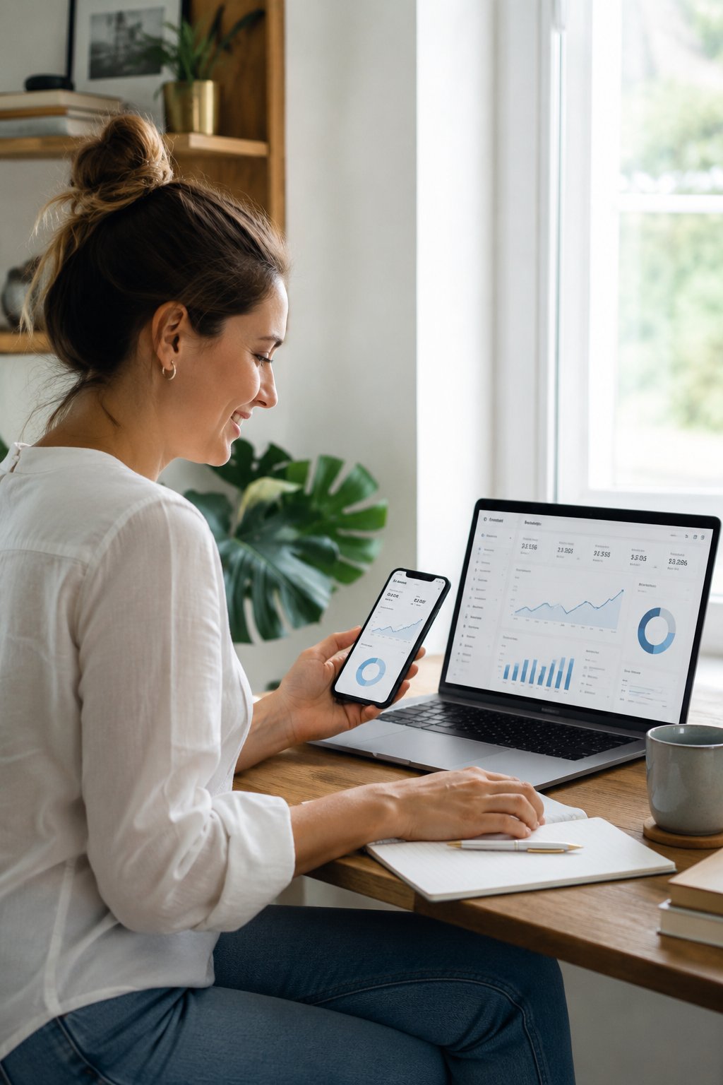 Woman checking growing analytics and earnings on a laptop and phone, pleased