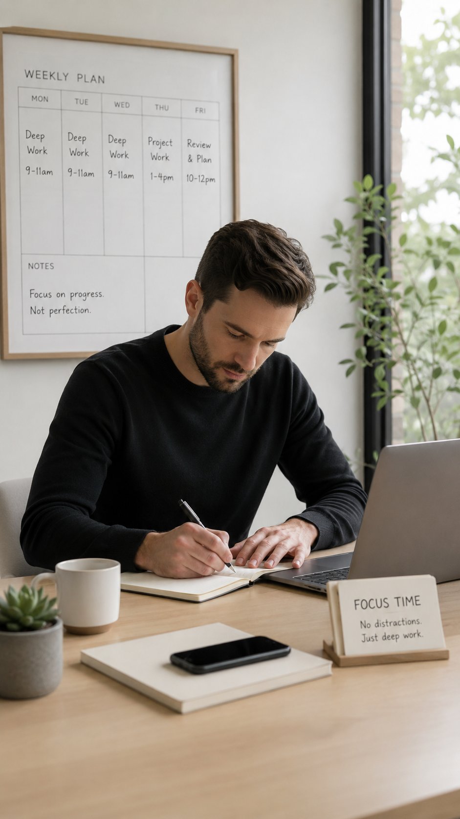 Professional using an AI chat assistant on a laptop, calm and focused