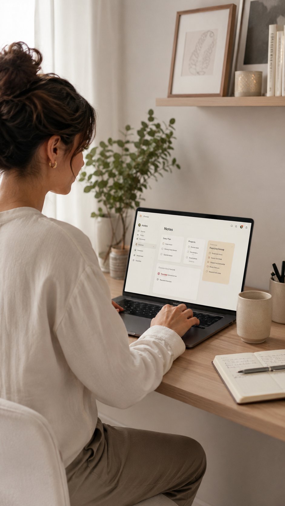 Woman working in a clean digital notes app on a laptop
