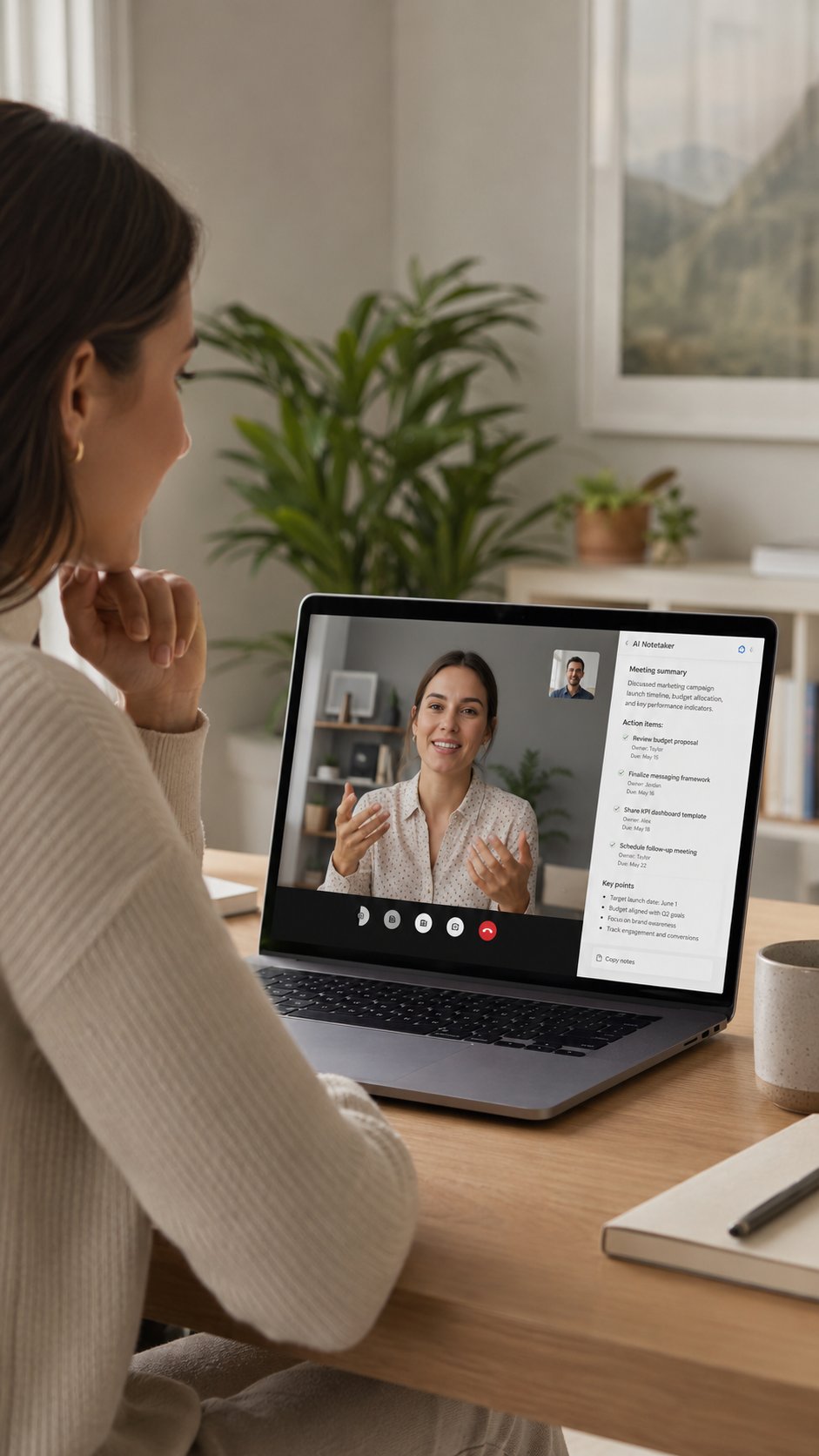 Woman on a video call with an AI notetaker running, relaxed and engaged