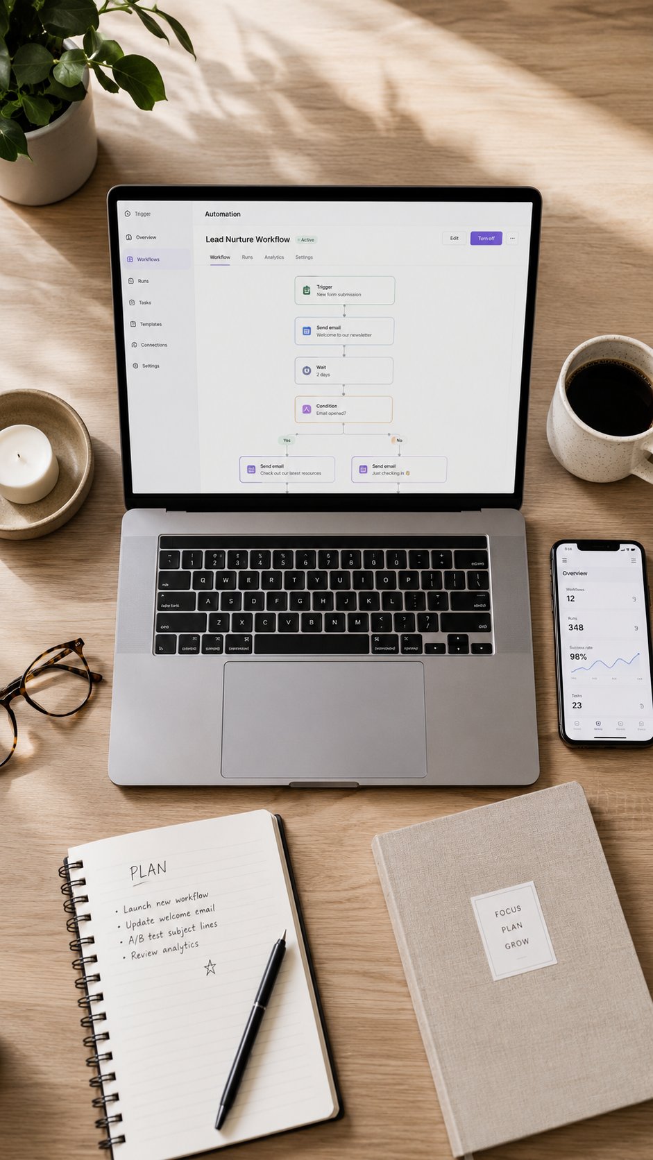 Tidy workspace flat-lay with a laptop showing an automation workflow dashboard