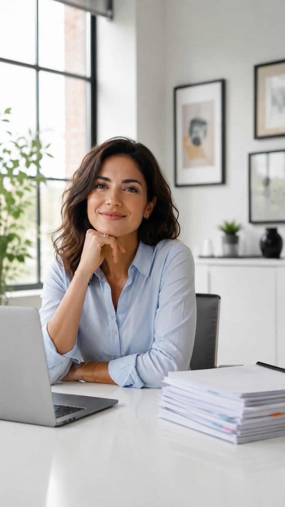 Professional looking calm and productive at a clean desk with finished work