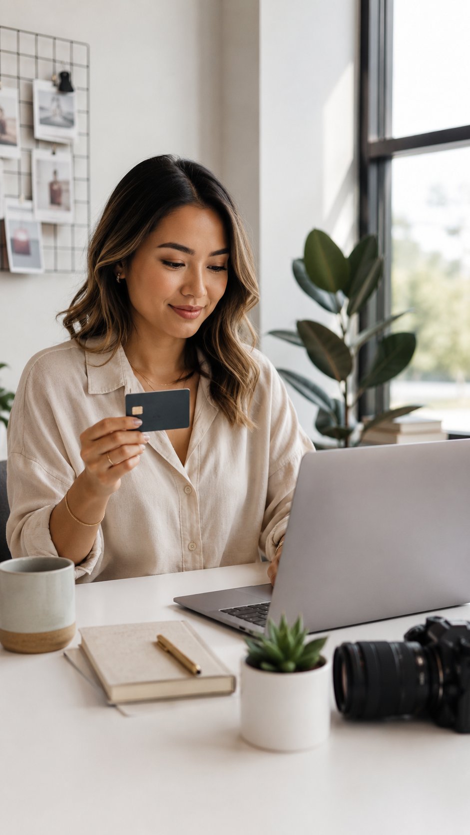 Woman entrepreneur holding a business credit card while working on a laptop