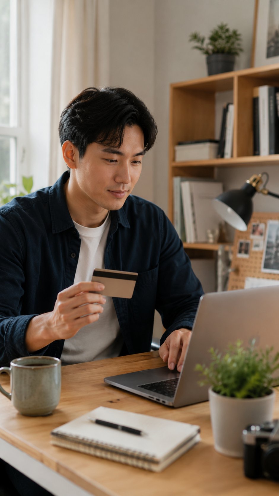 Freelancer paying for a business expense online with a card in hand