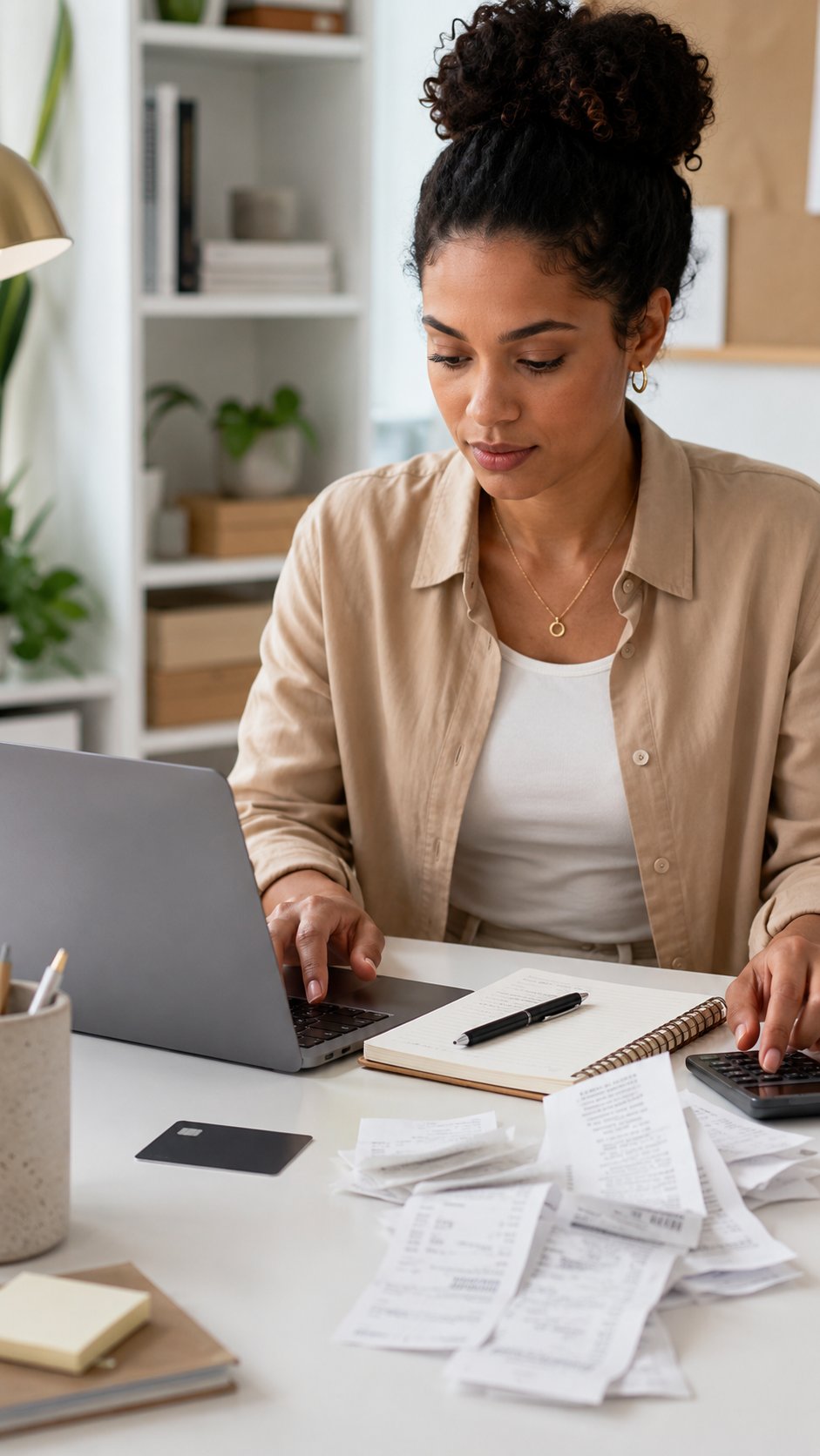 Woman reviewing business expenses and receipts on a laptop with a card