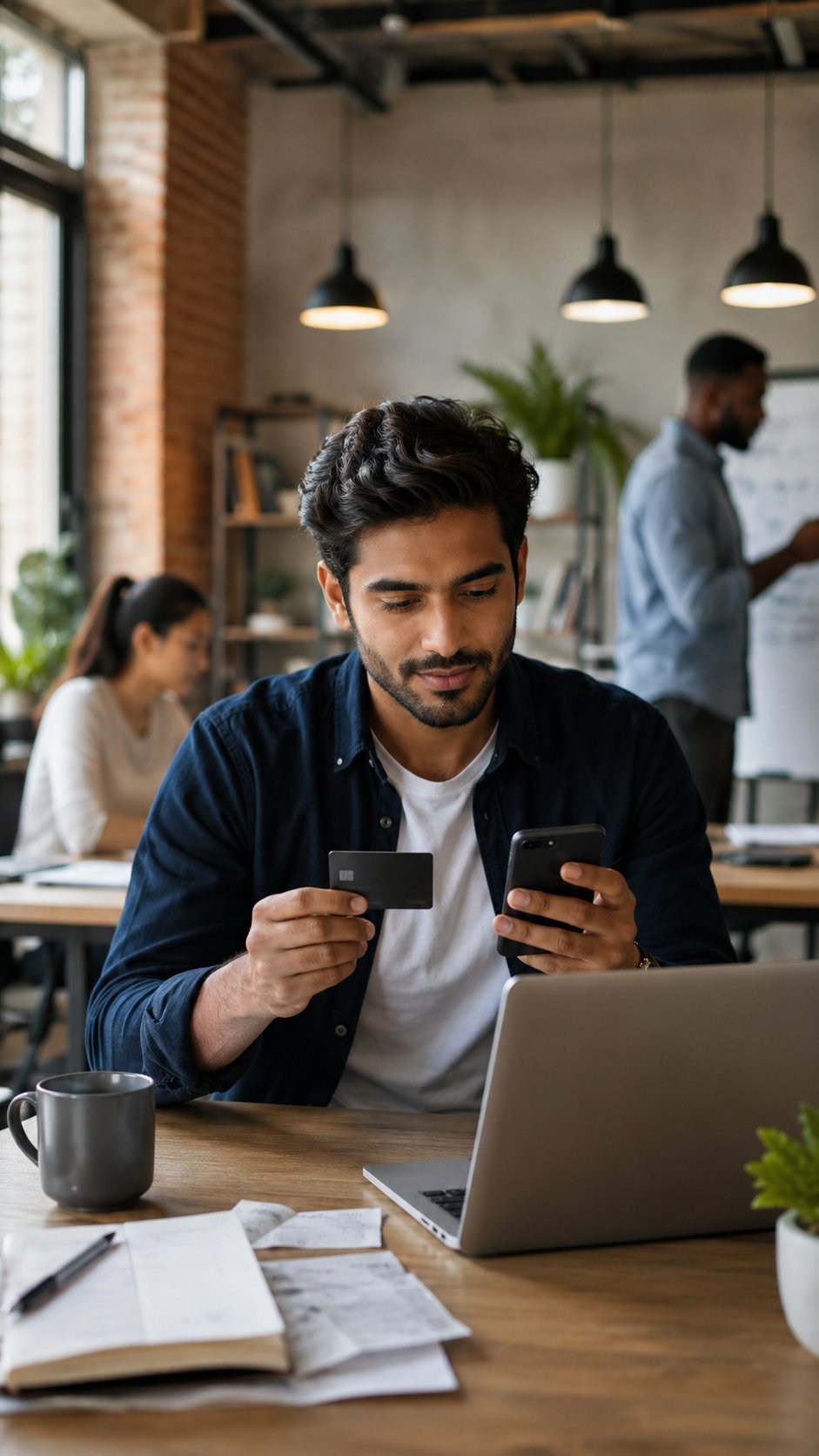 Founder using a card and phone to manage company spending in a startup workspace