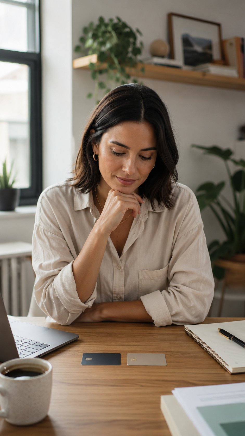 Confident woman comparing two business cards on a desk while deciding