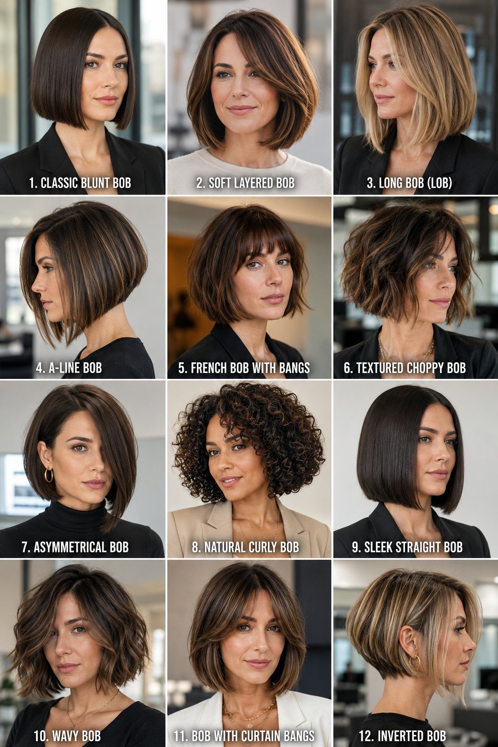 Woman with a classic blunt bob cut straight across at the jaw