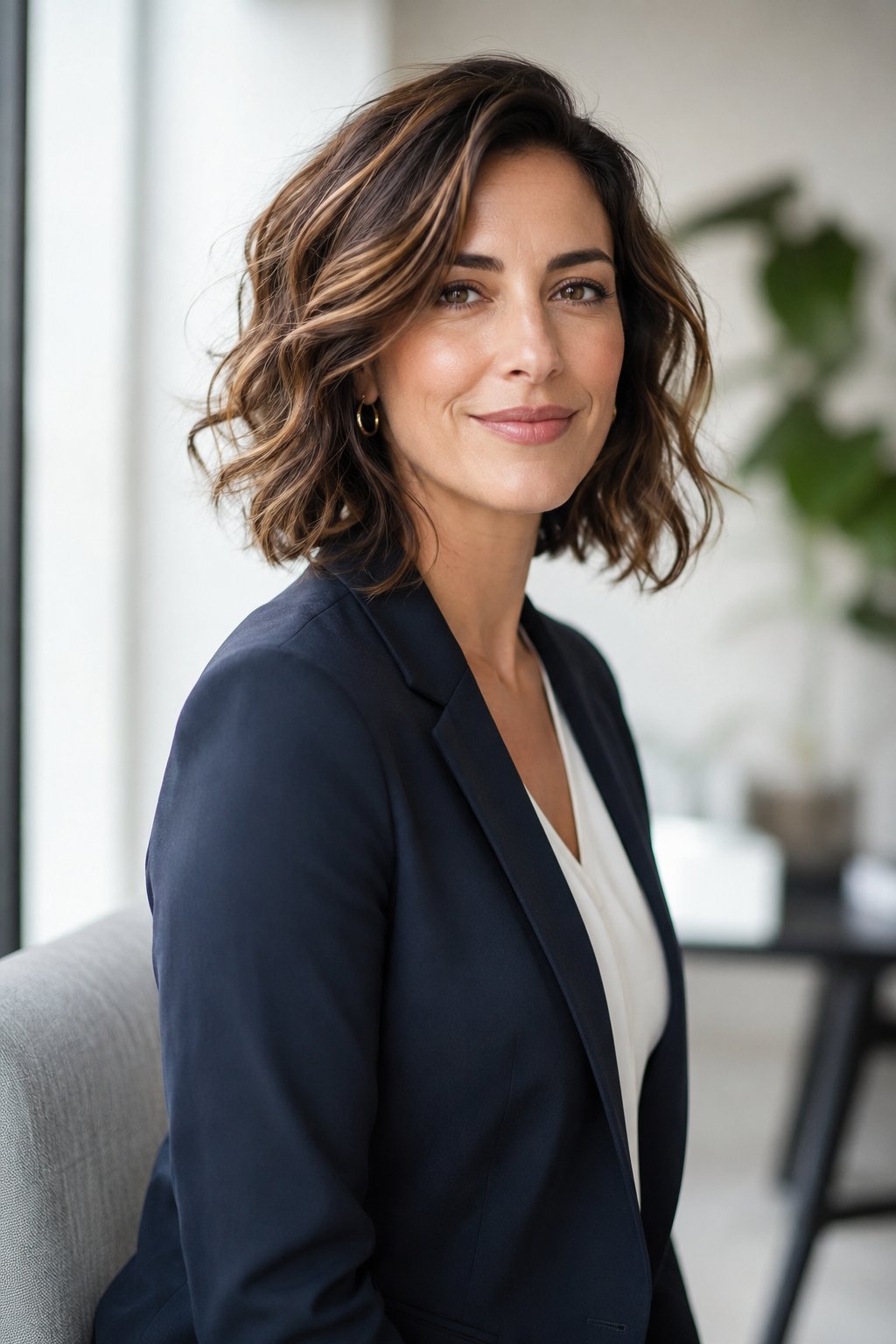 Woman with a bob and soft center-parted curtain bangs