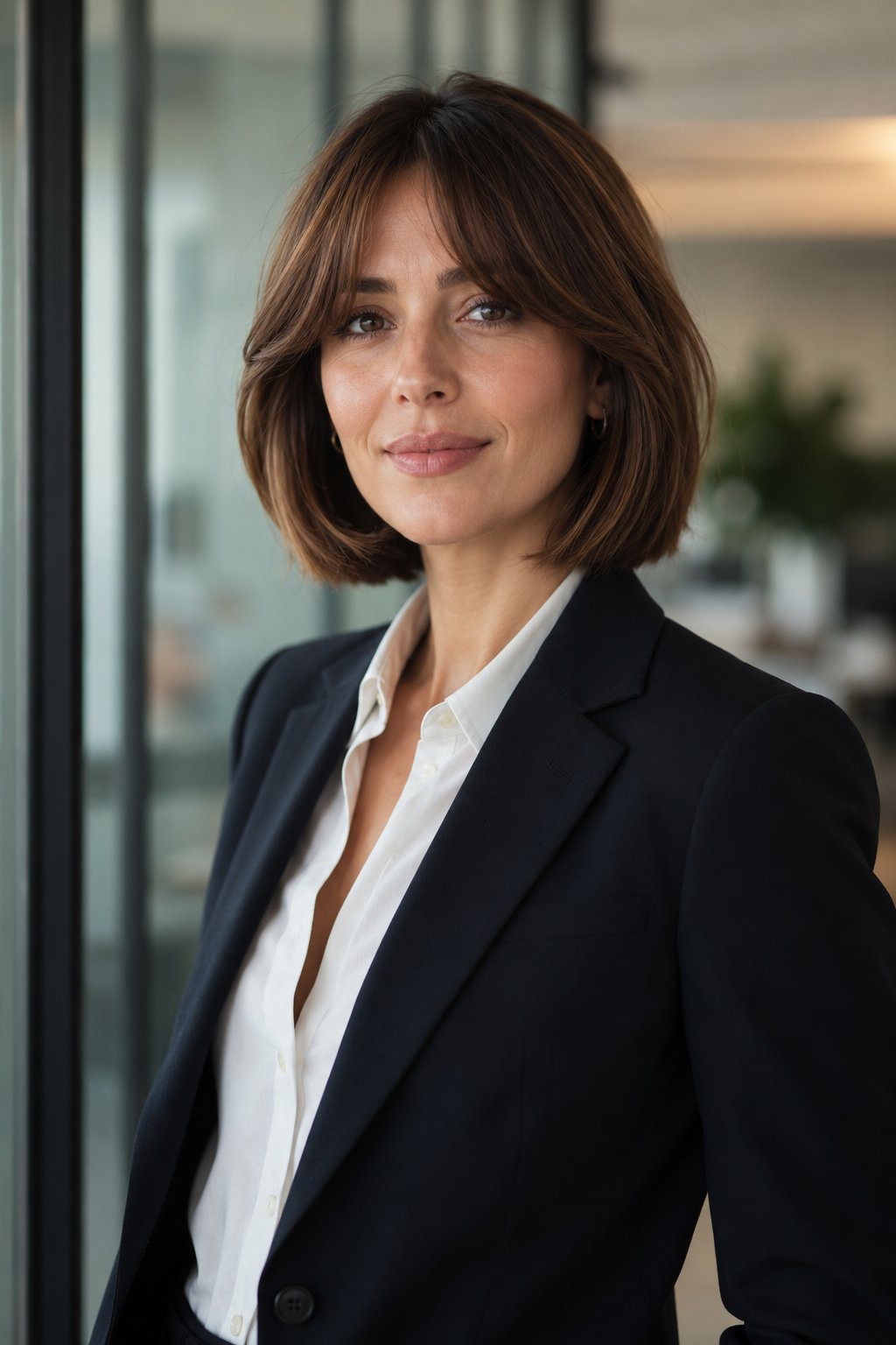 Woman with an inverted bob, stacked and shorter at the back with longer front pieces