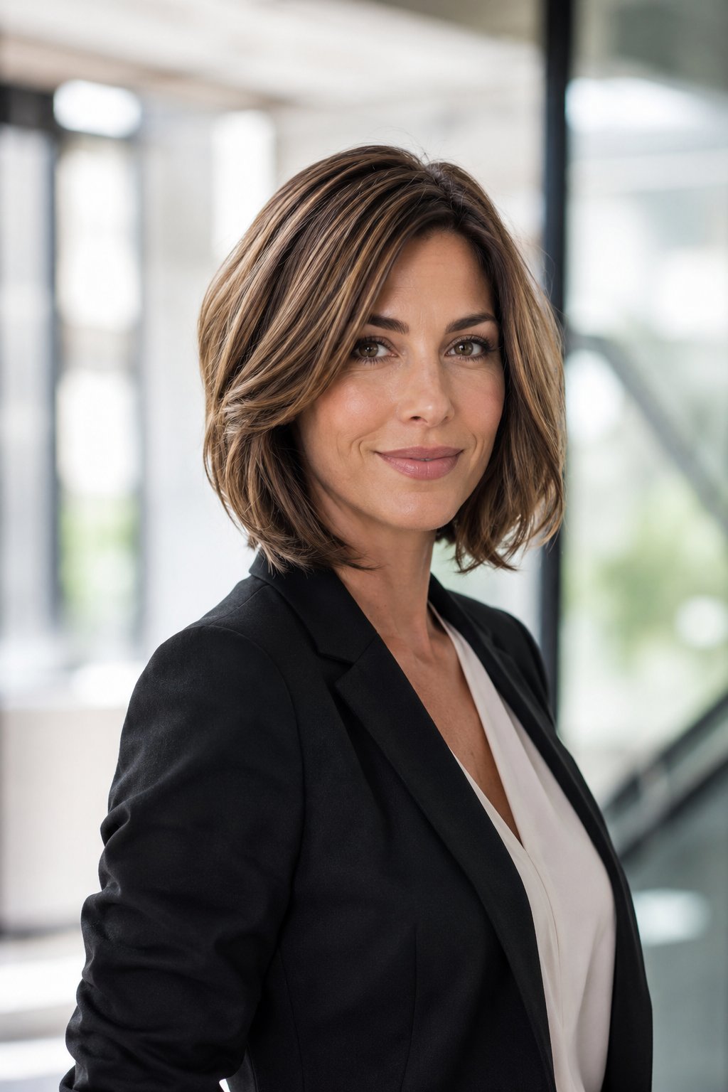 Woman with a long bob (lob) just below the collarbone